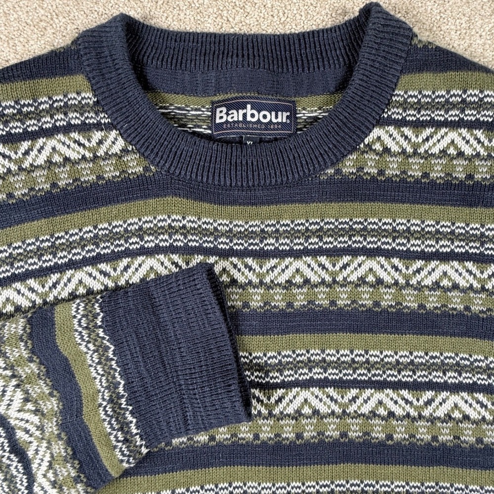 Barbour Sweater Mens XL Blue Green Excellent Fair Isle Cotton Knit MKN1705NY91